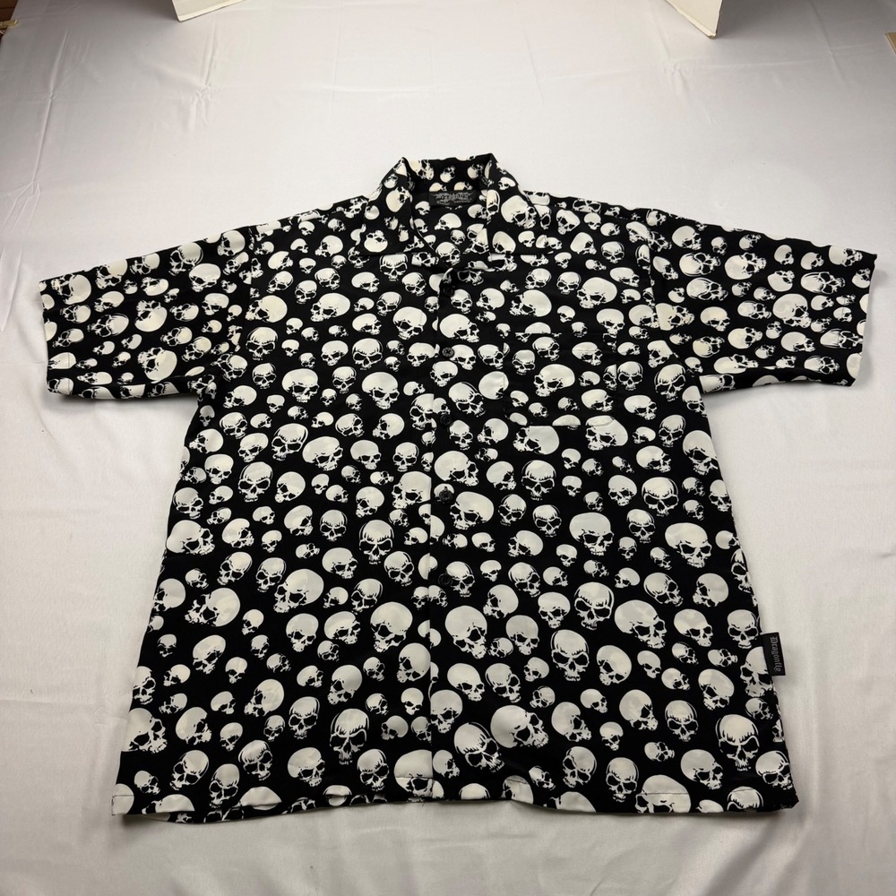 Dragonfly Button Down Shirt Mens Large Black Skull Print Short Sleeve Goth Punk